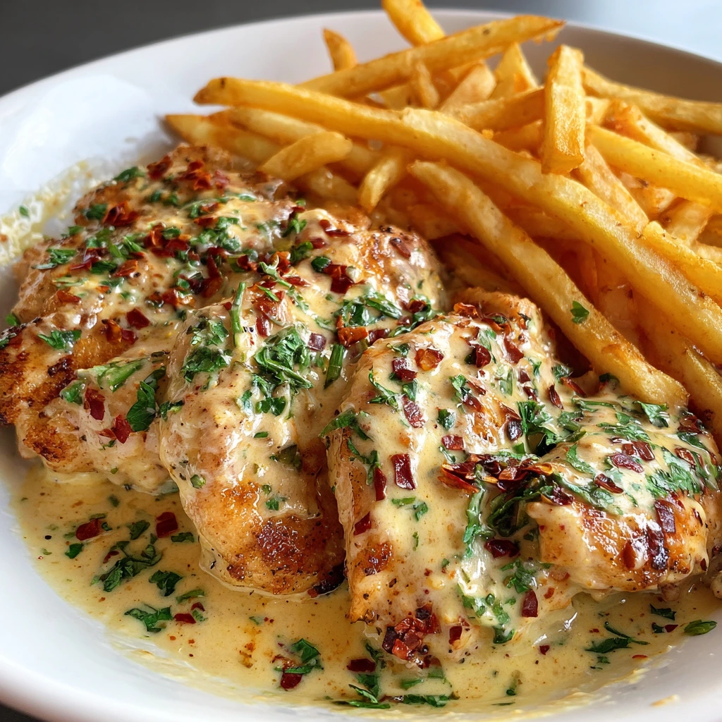 Savory Chicken Fillet in Spicy, Creamy Garlic-Parmesan Sauce with Golden Fries