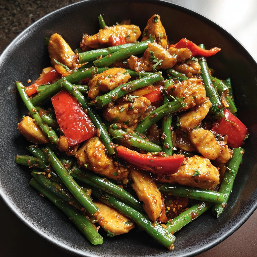 Savory Chicken Green Bean Stir Fry with Crispy Garlic and Soy Glaze