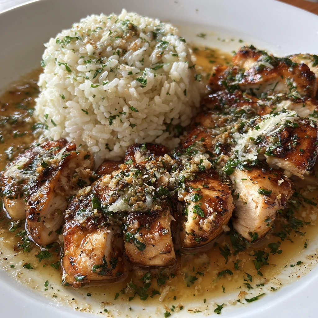 Savory Chicken Scampi with Creamy Garlic Parmesan Rice Delight