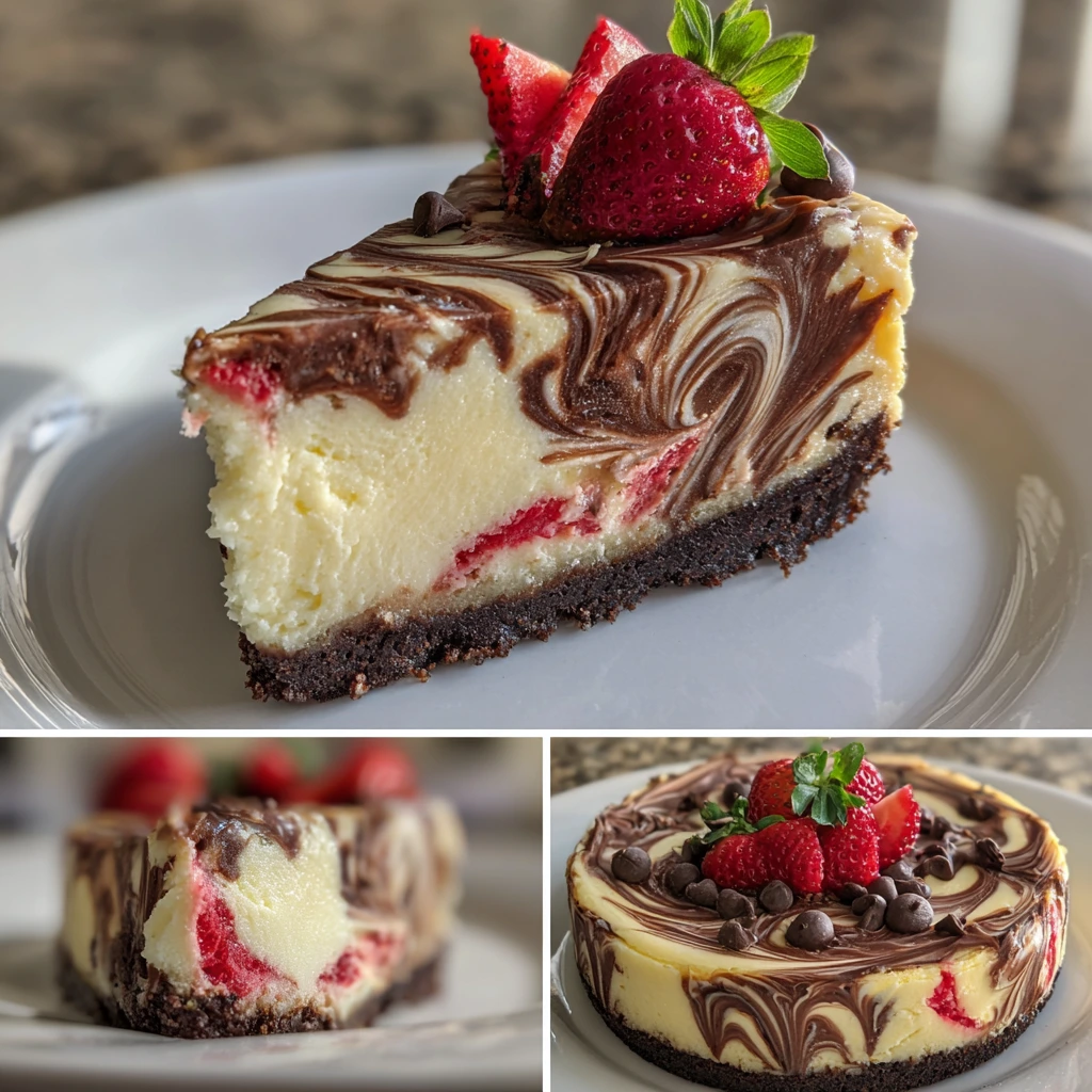Decadent Chocolate Strawberry Swirl Cheesecake with Creamy Vanilla Topping