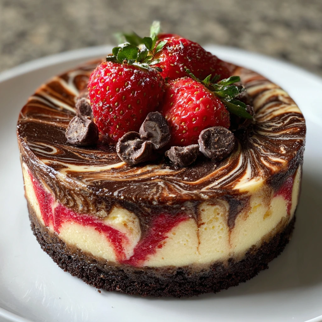 Decadent Chocolate Strawberry Swirl Cheesecake with Creamy Vanilla Topping