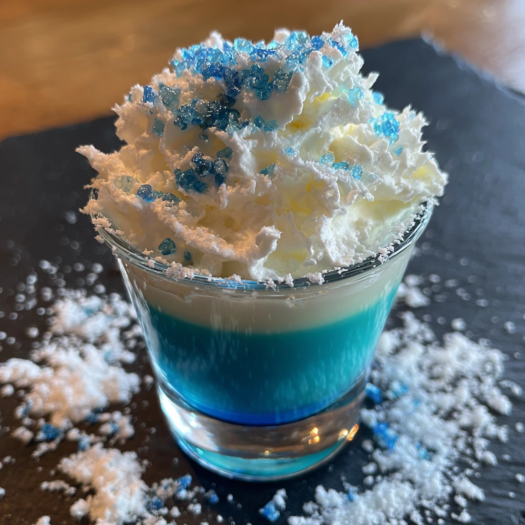 Festive Blue Velvet Shot with Creamy Vanilla Whipped Topping