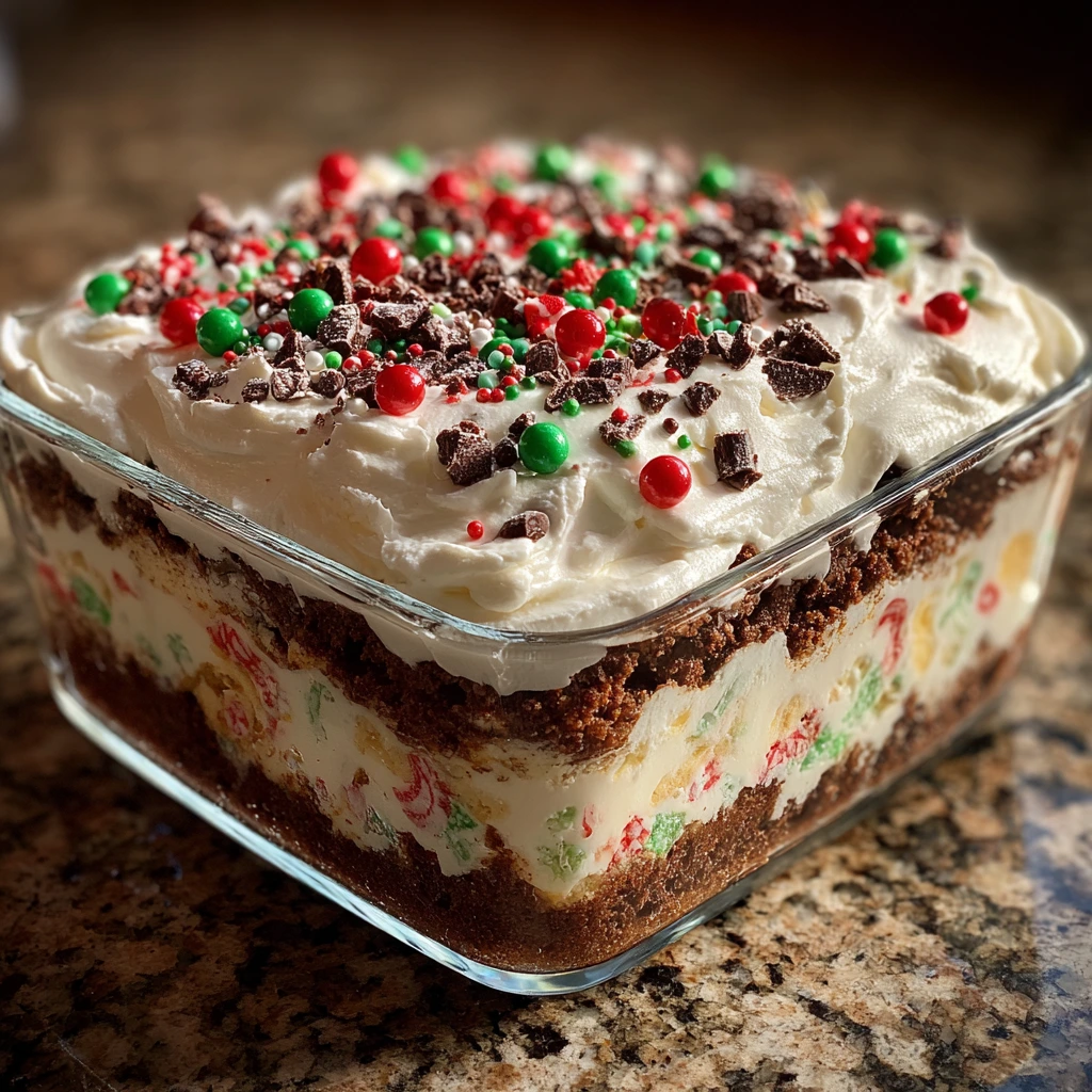 Deliciously Festive Christmas Cookie Layered Dessert with Creamy Layers and Crunchy Crust