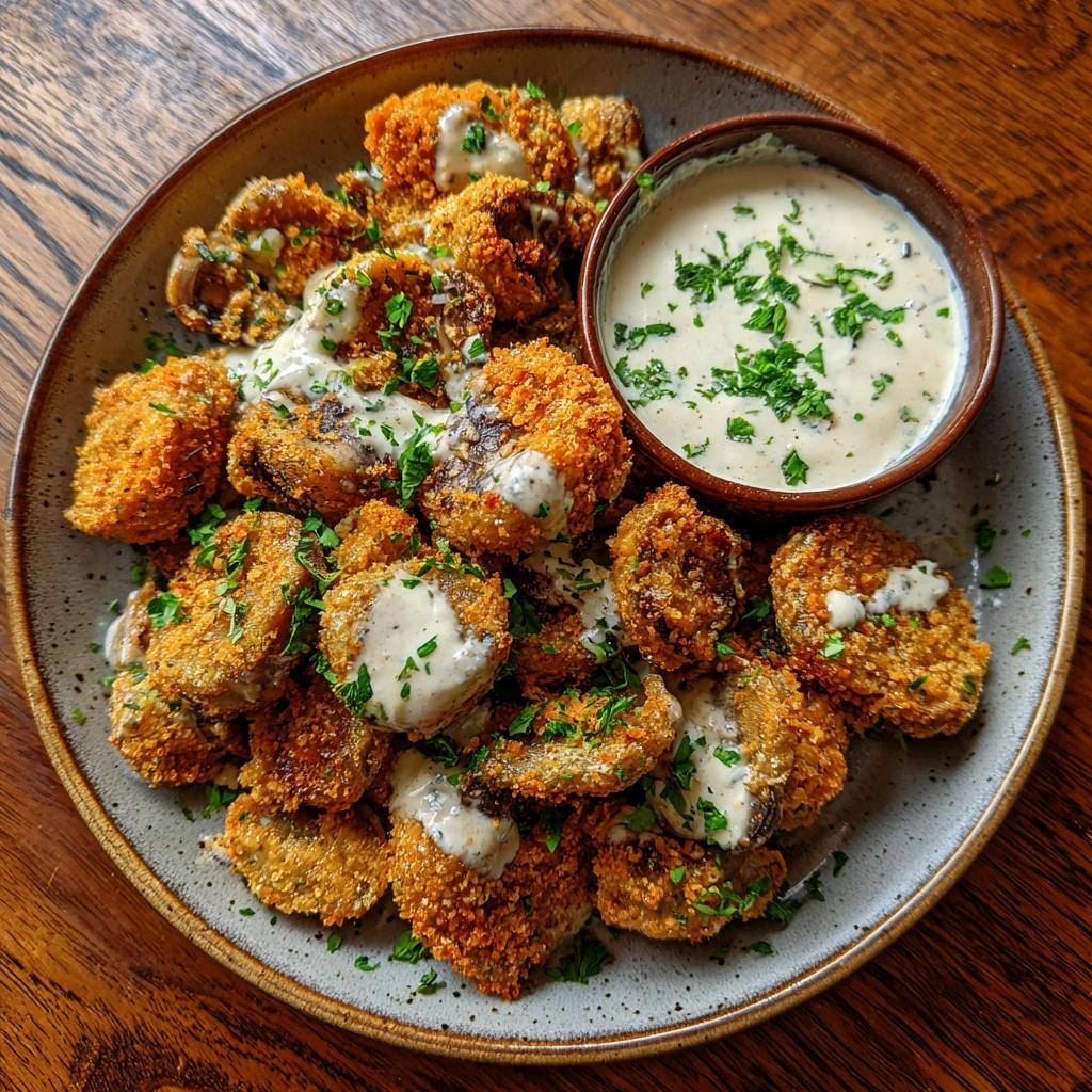 Crispy Christmas Fried Sliced Mushrooms with Creamy Ranch Dip