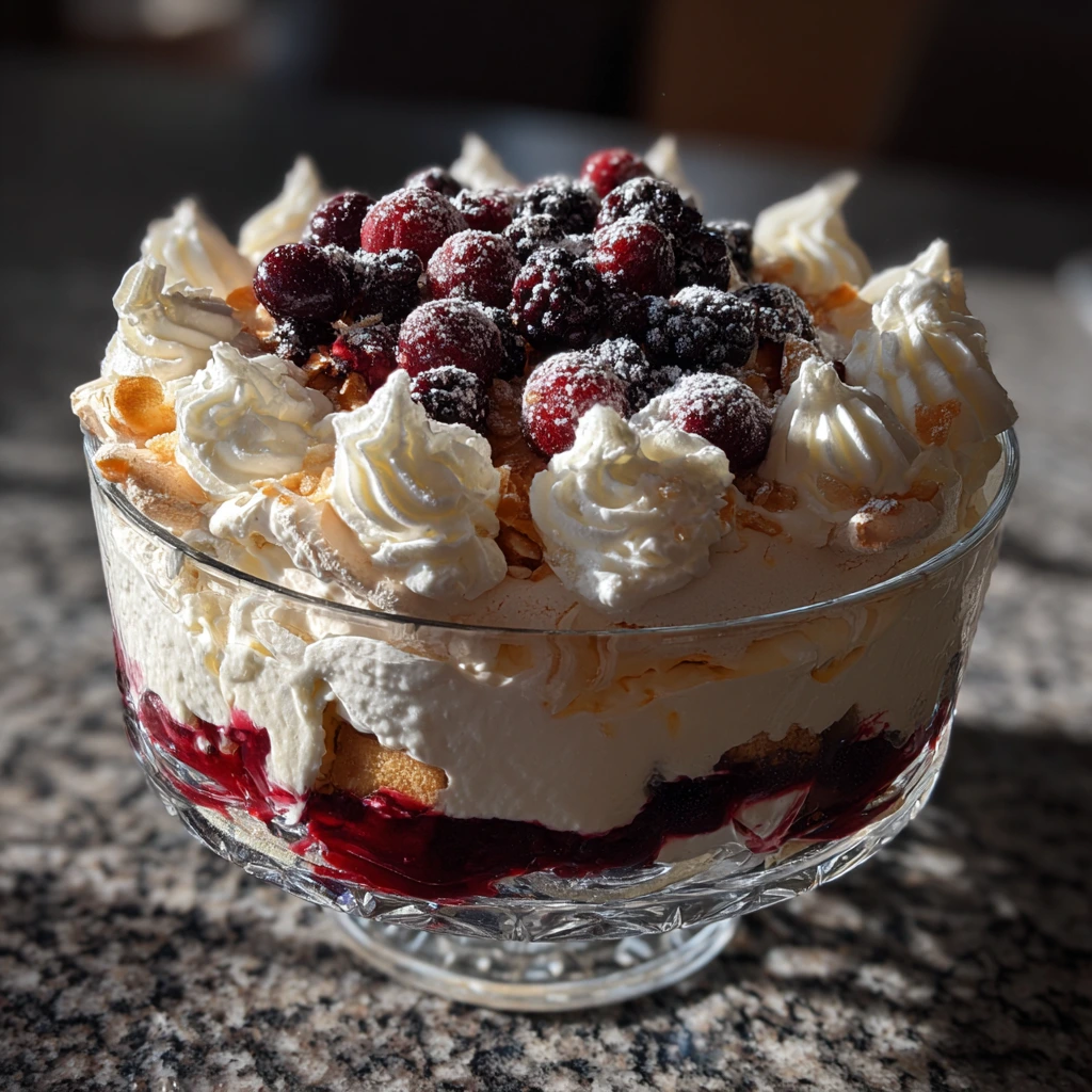 Festive Christmas Pavlova Trifle with Whipped Cream and Mixed Berries
