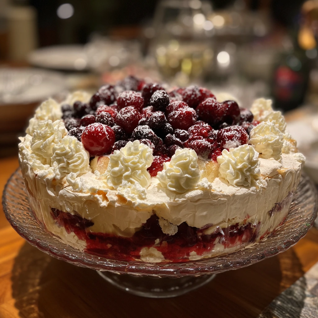 Festive Christmas Pavlova Trifle with Whipped Cream and Mixed Berries