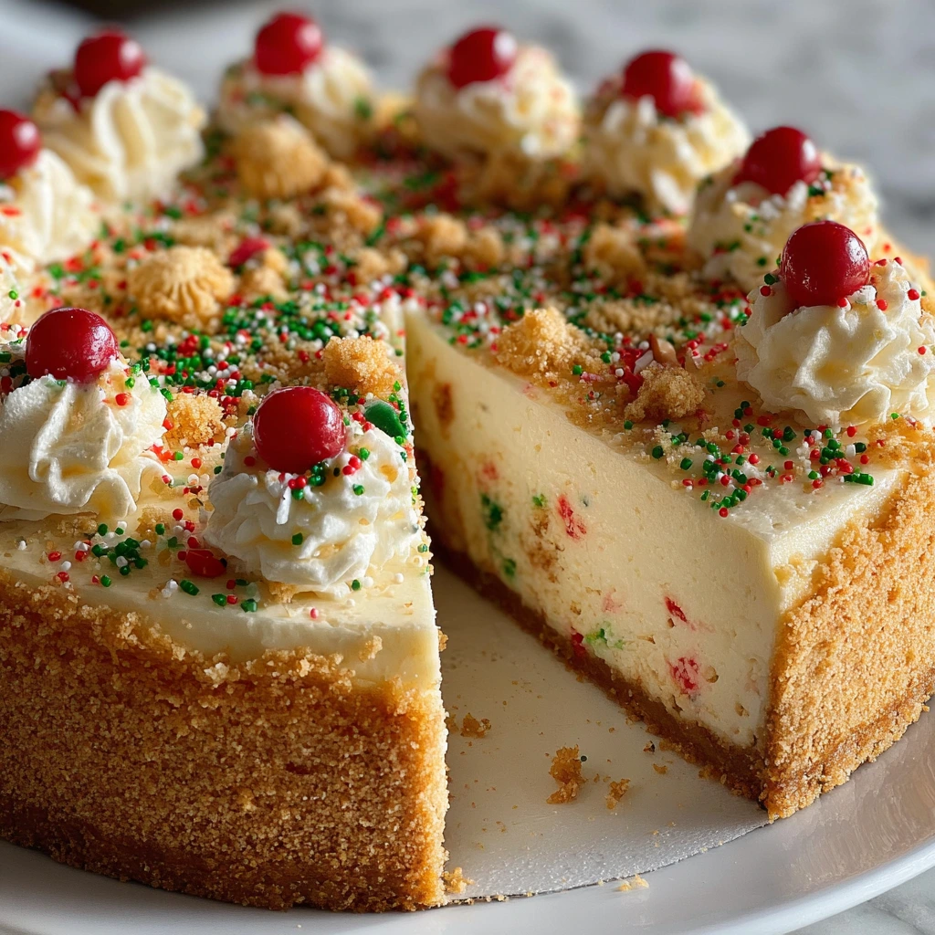 Delightfully Festive Christmas Sugar Cookie Cheesecake with Creamy Frosting