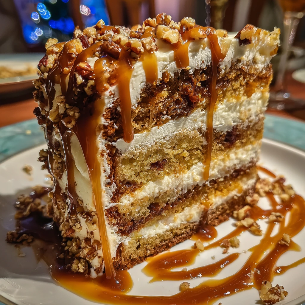 Decadent Christmas Toffee Crunch Cake with Pecans and Chocolate Drizzle