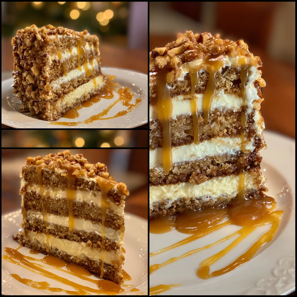 Decadent Christmas Toffee Crunch Cake with Pecans and Chocolate Drizzle