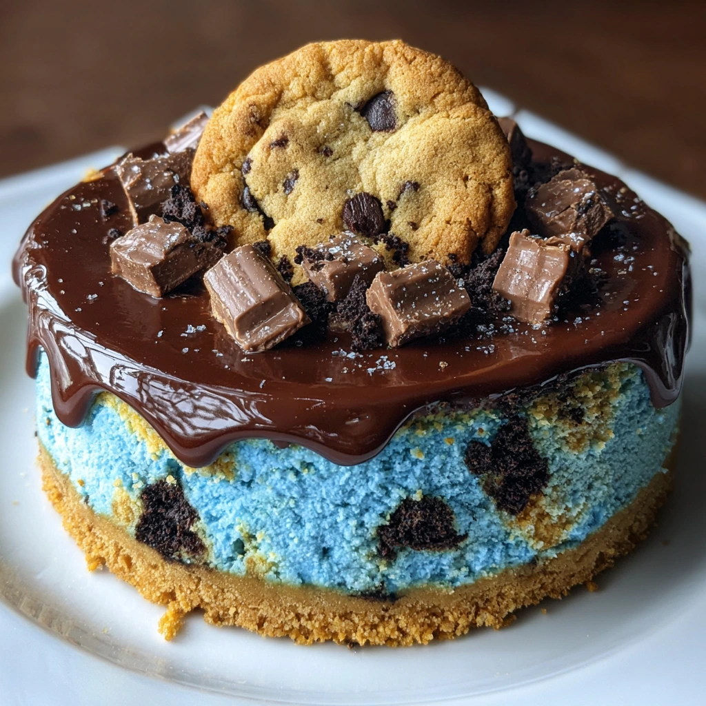 Deliciously Decadent Cookie Monster Cheesecake with Crumbled Cookies and Creamy Filling