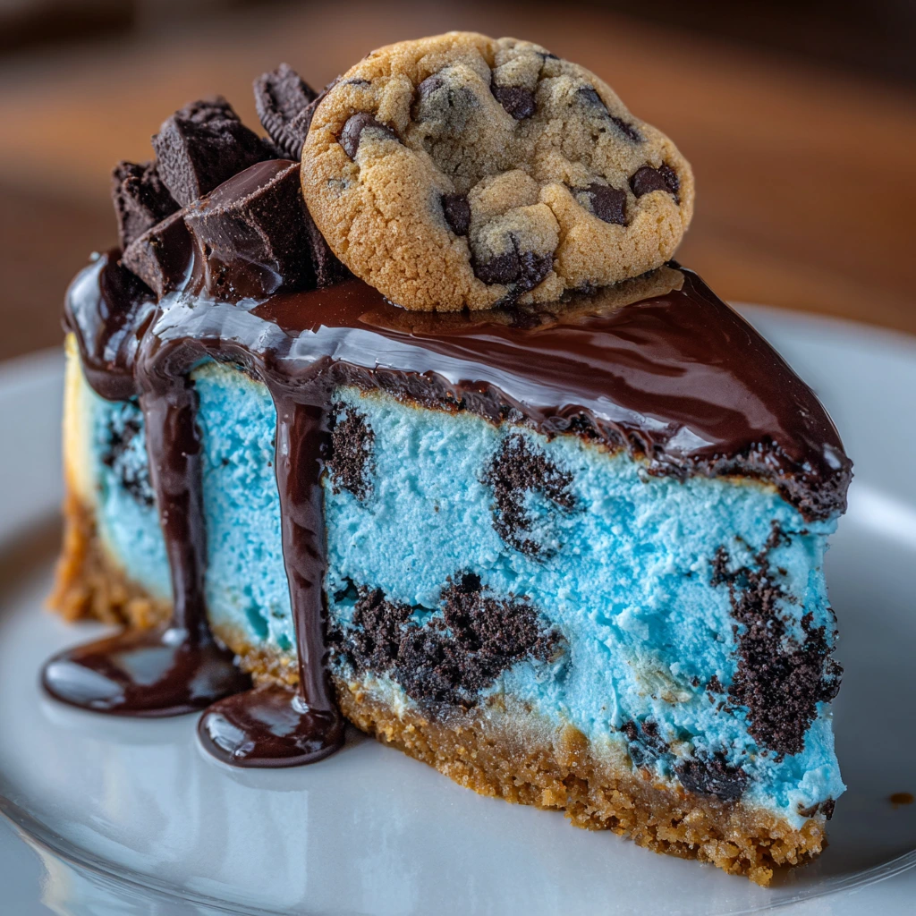 Decadent Cookie Monster Cheesecake with Oreo Crust and Blue Cookie Dough Swirl