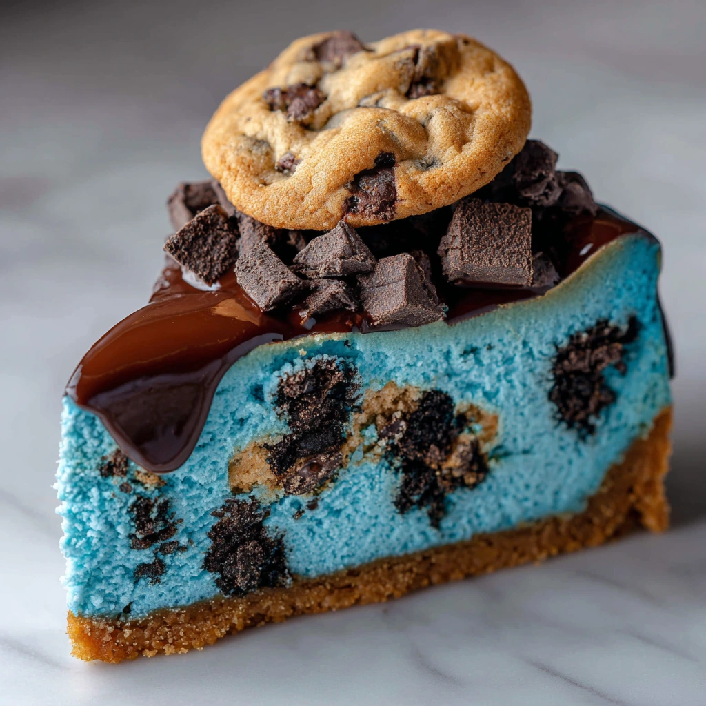 Decadent Cookie Monster Cheesecake with Oreo Crust and Blue Cookie Dough Swirl