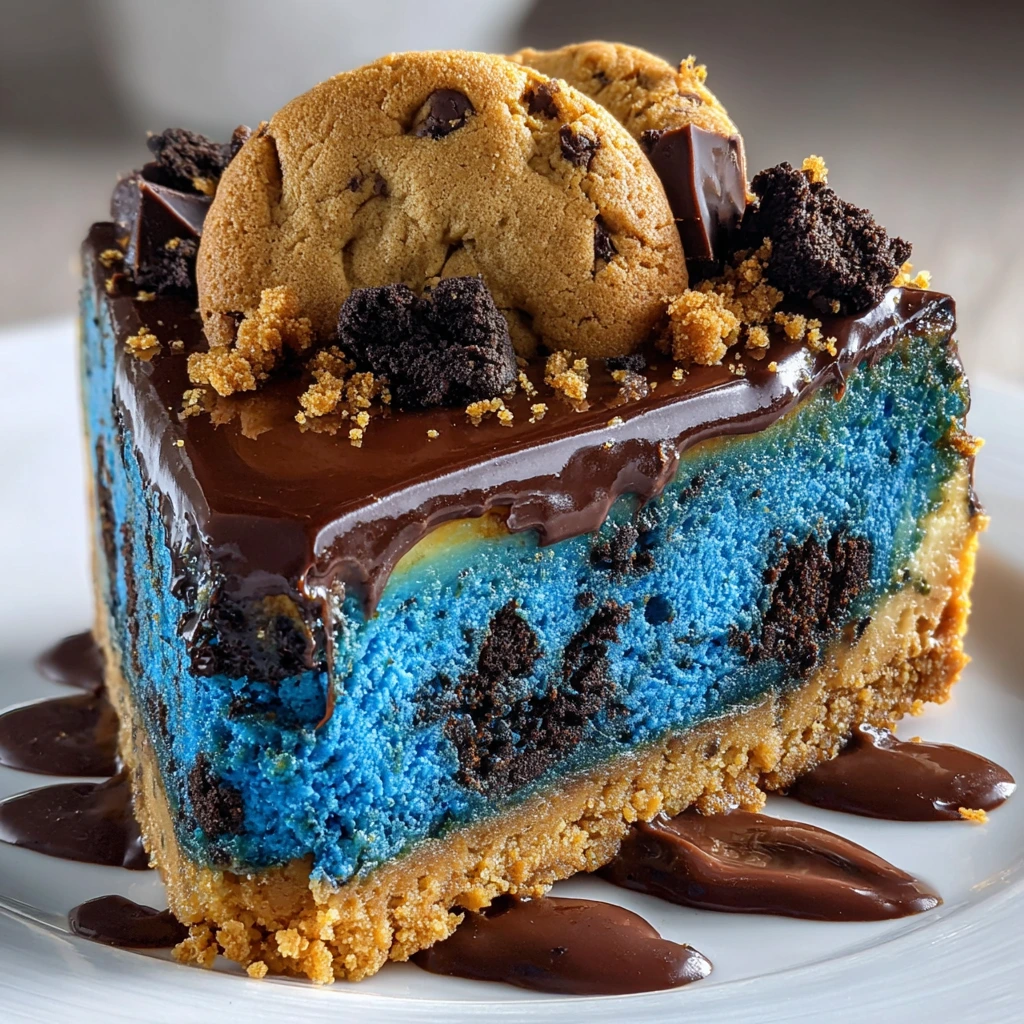 Deliciously Decadent Cookie Monster Cheesecake with Crumbled Cookies and Creamy Filling