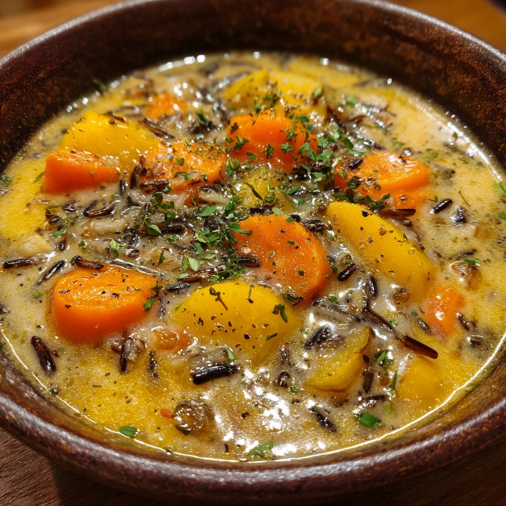 Hearty Cozy Autumn Wild Rice Soup with Mushrooms and Carrots