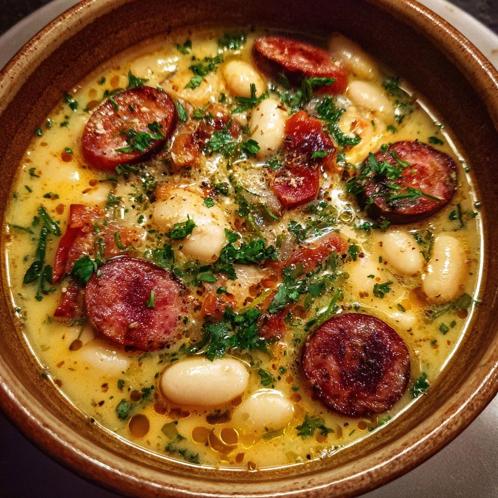 Comforting Creamy Bean Soup with Savory Sausage and Fresh Herbs