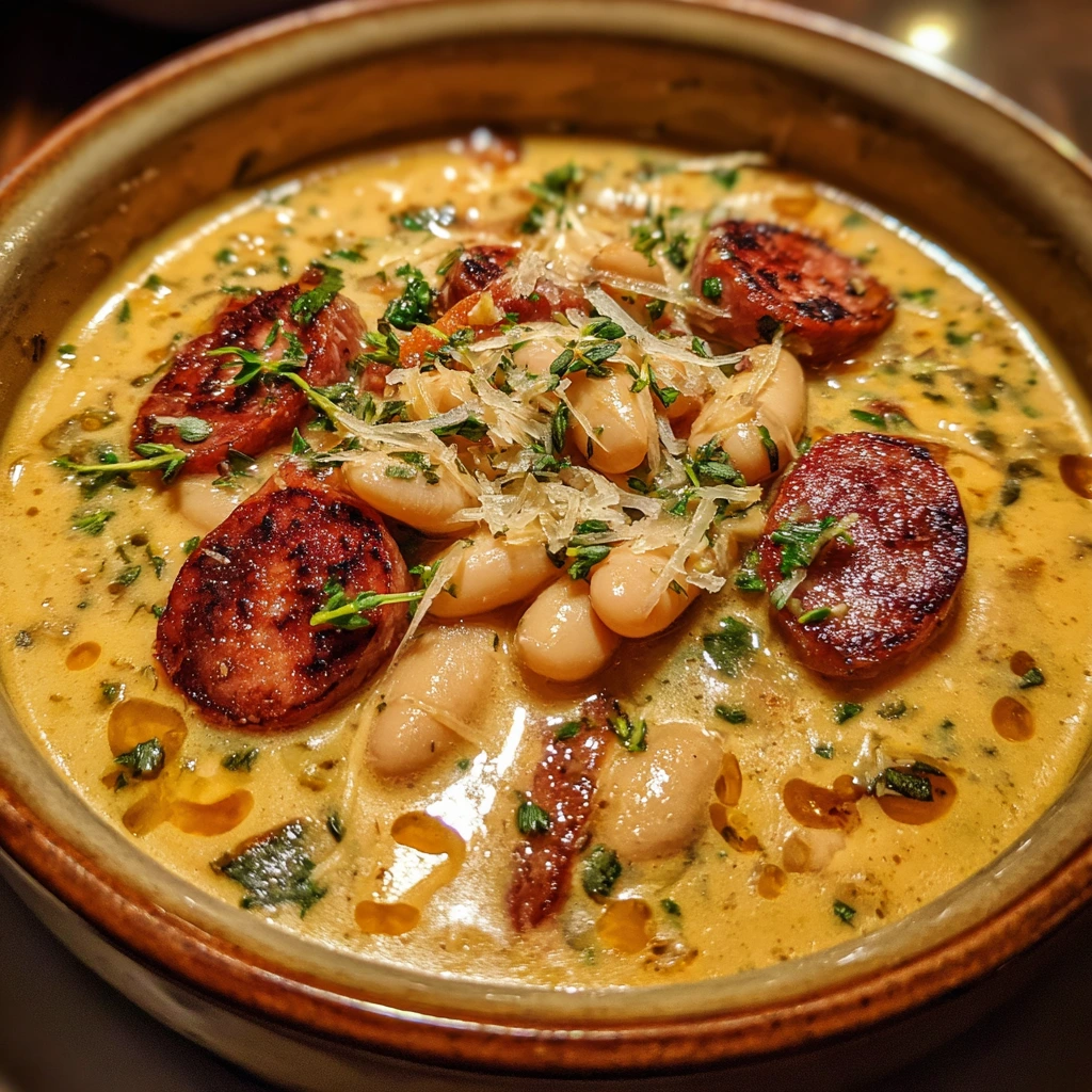 Comforting Creamy Bean Soup with Savory Sausage and Fresh Herbs