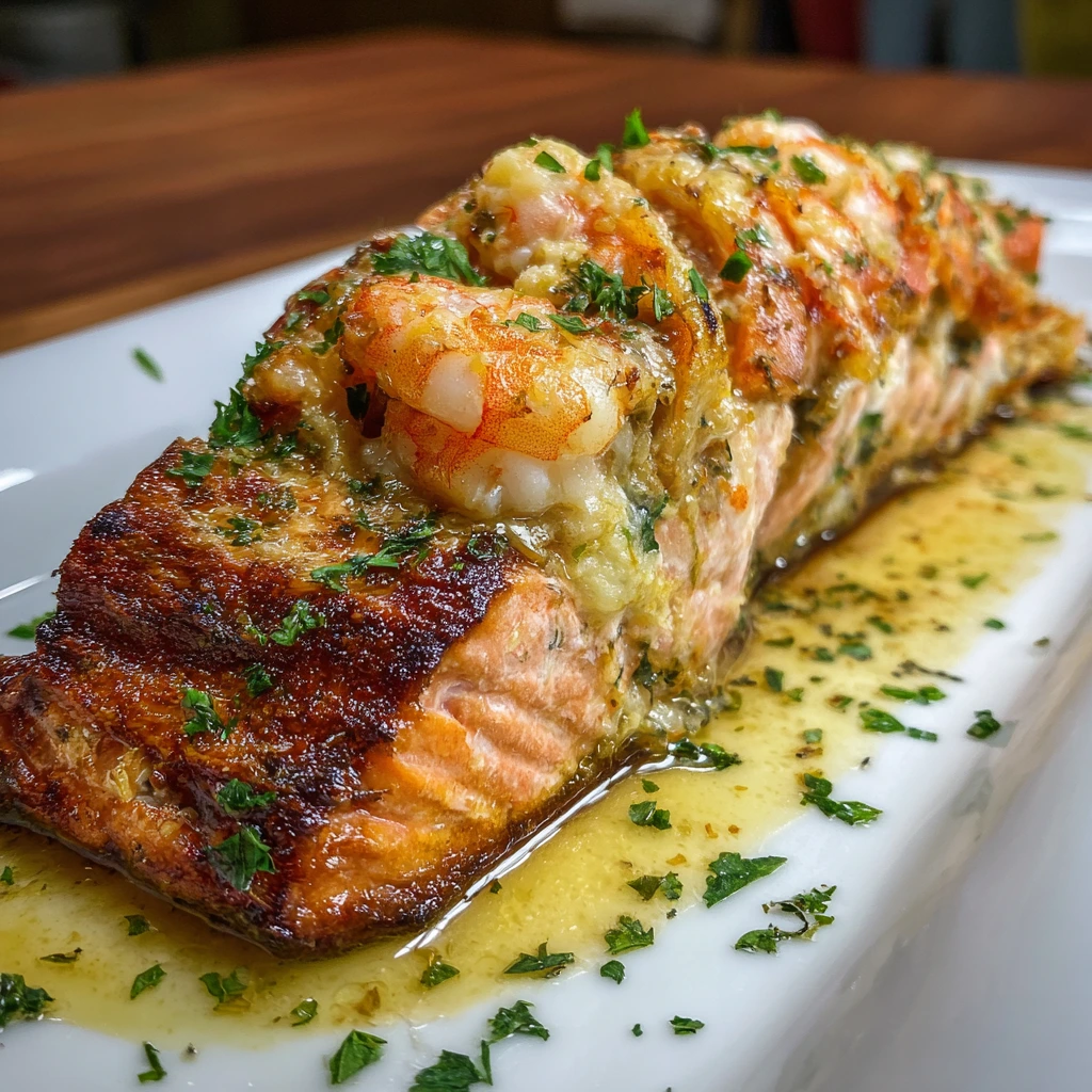 Decadent Crab and Shrimp Stuffed Salmon with Creamy Lemon Sauce