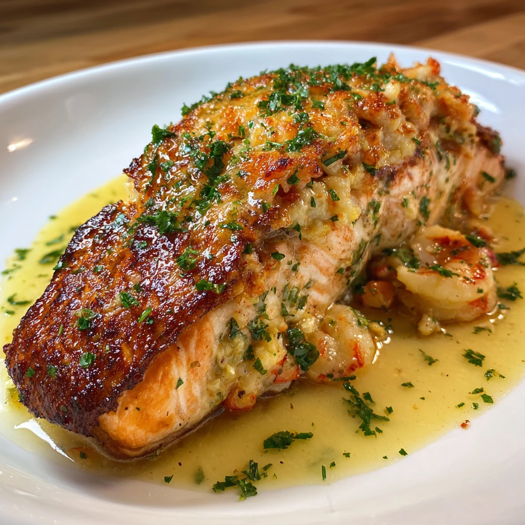 Decadent Crab and Shrimp Stuffed Salmon with Creamy Lemon Sauce