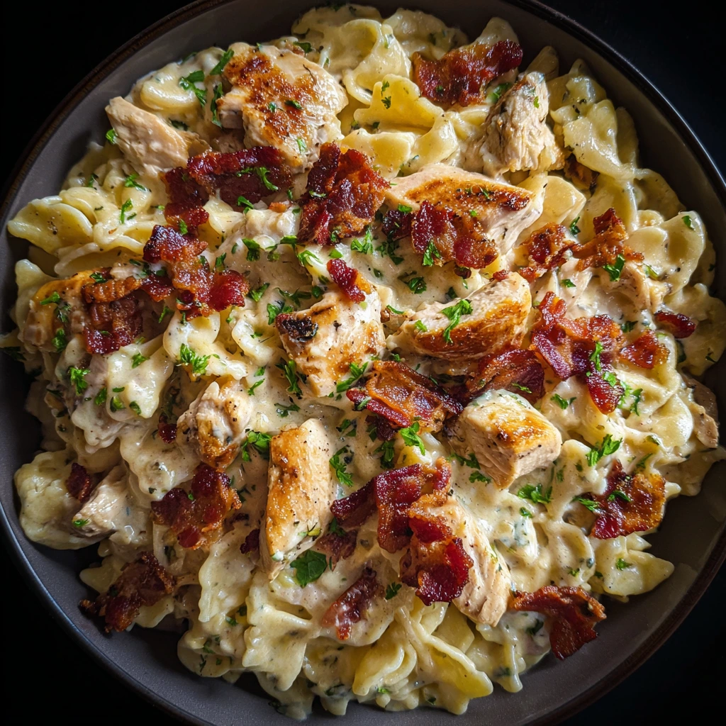 Decadent Creamy Chicken Bacon Ranch Pasta with Savory Herbs and Cheese