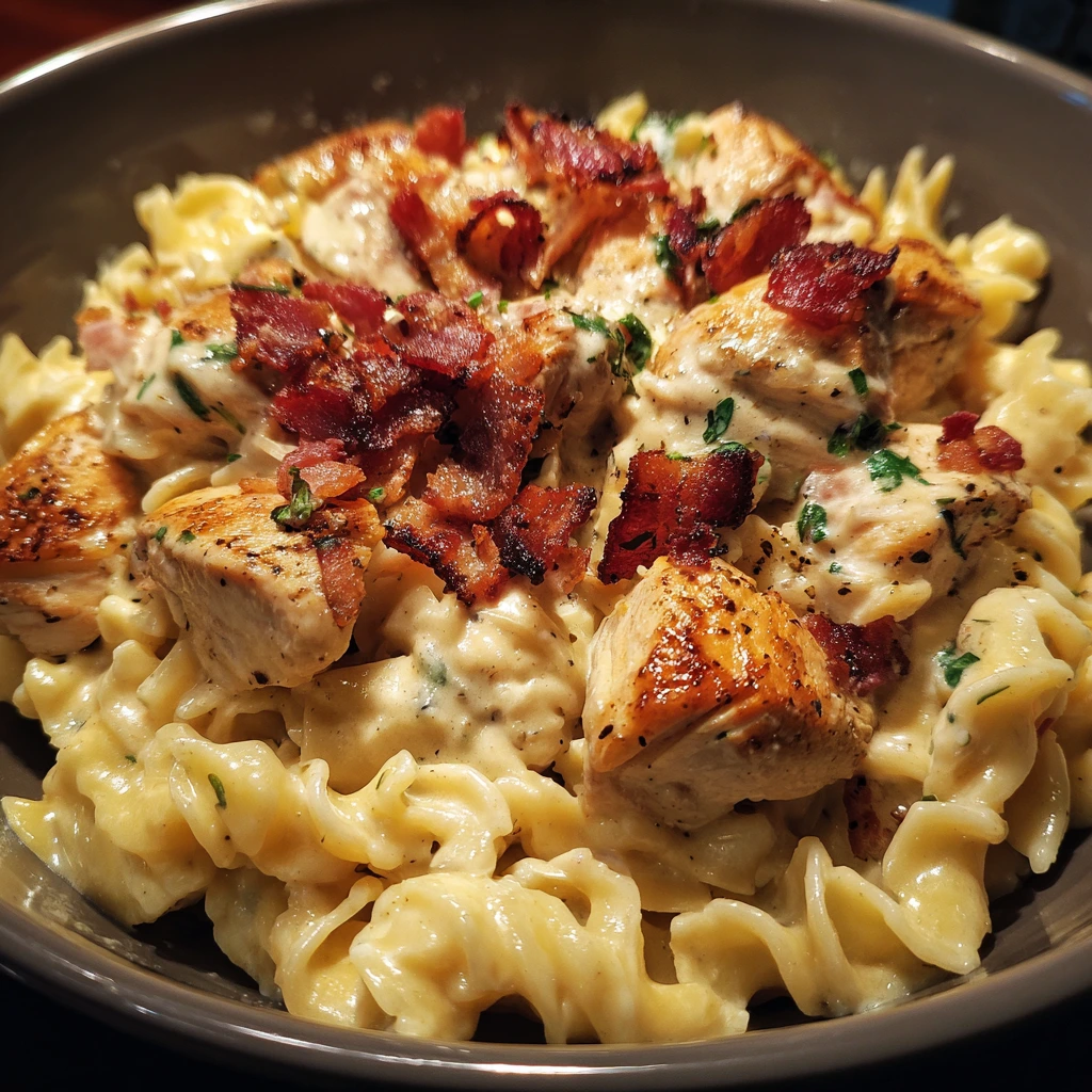 Decadent Creamy Chicken Bacon Ranch Pasta with Savory Herbs and Cheese