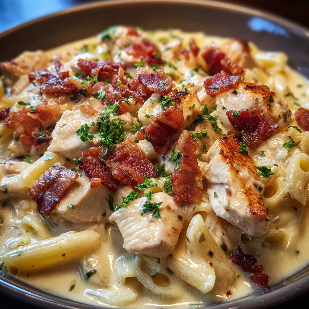 Decadent Creamy Chicken Bacon Ranch Pasta with Savory Herbs and Cheese