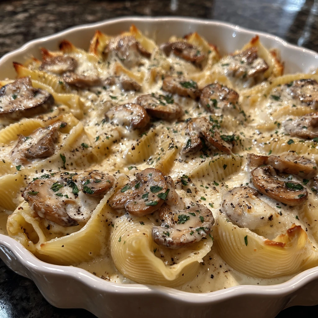 Decadent Creamy Garlic Mushroom Stuffed Shells with Spinach and Cheese