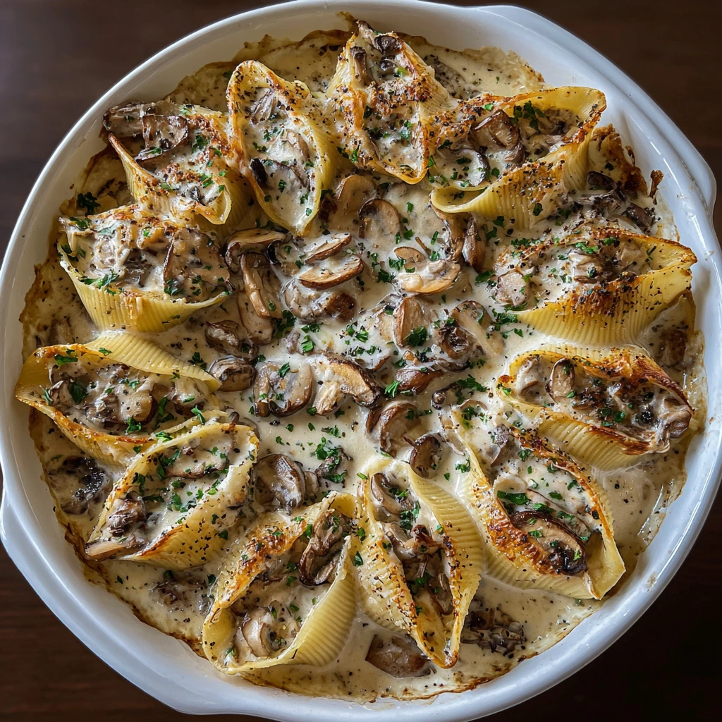 Decadent Creamy Garlic Mushroom Stuffed Shells with Spinach and Cheese