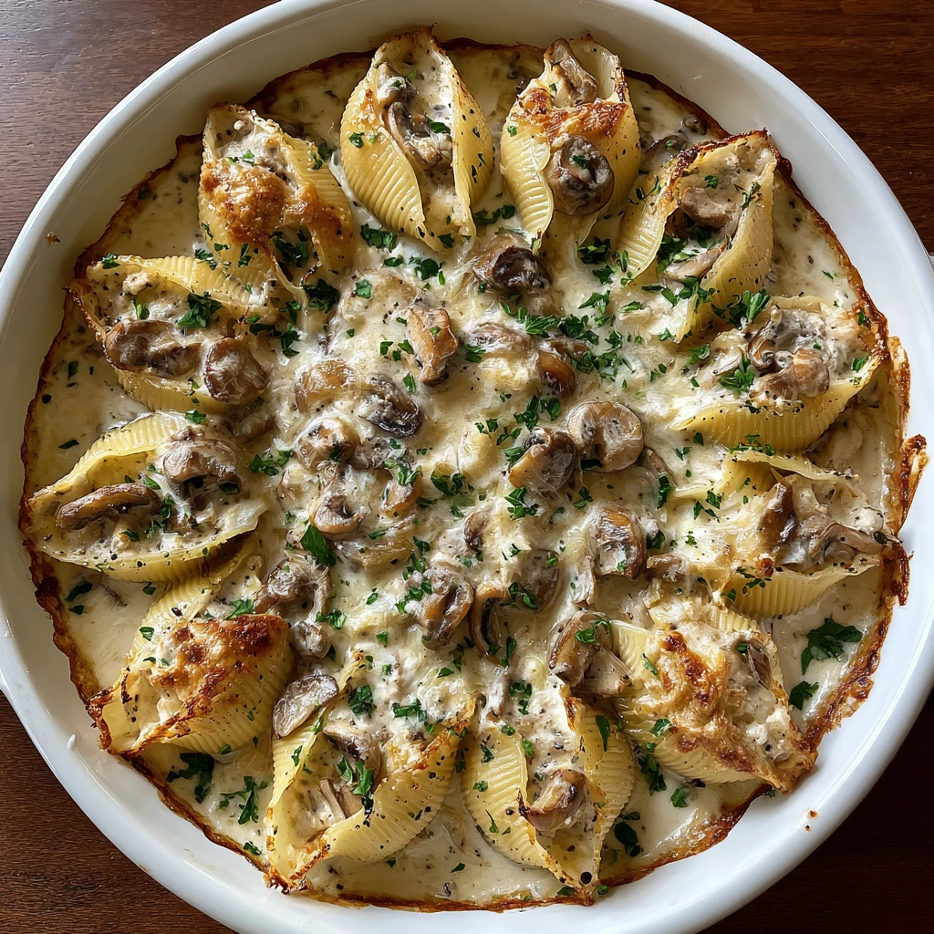 Decadent Creamy Garlic Mushroom Stuffed Shells with Spinach and Cheese