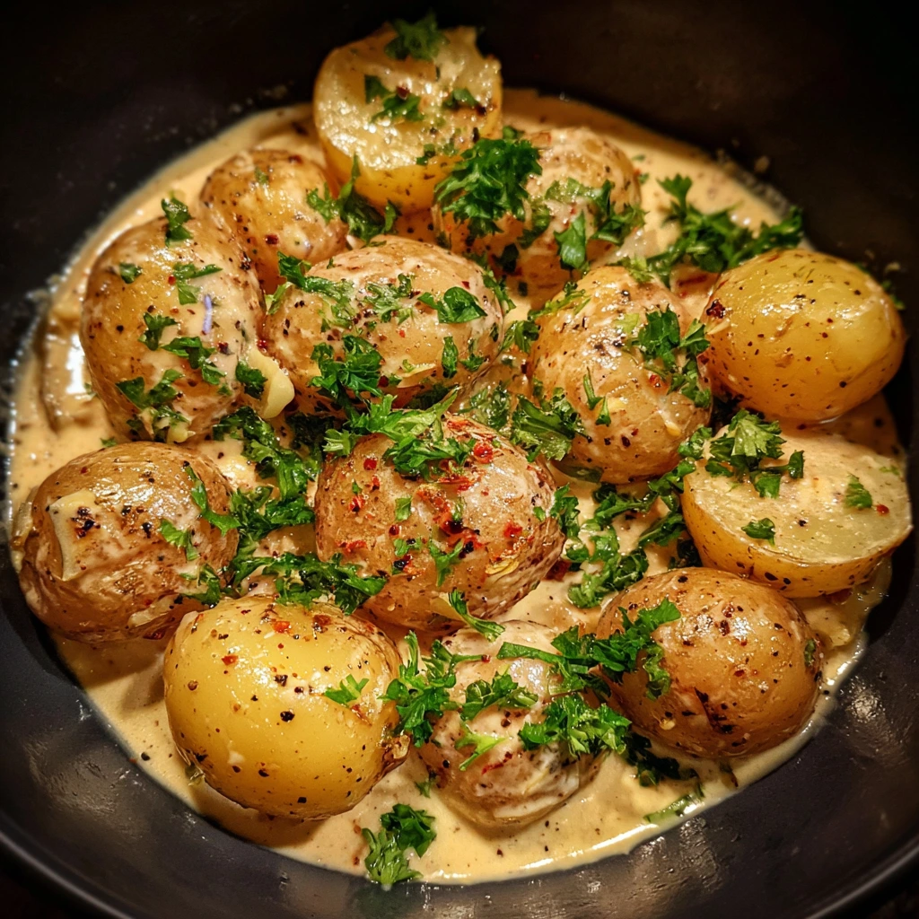 Irresistibly Creamy Garlic Sauce Baby Potatoes with Herbs and Cheese