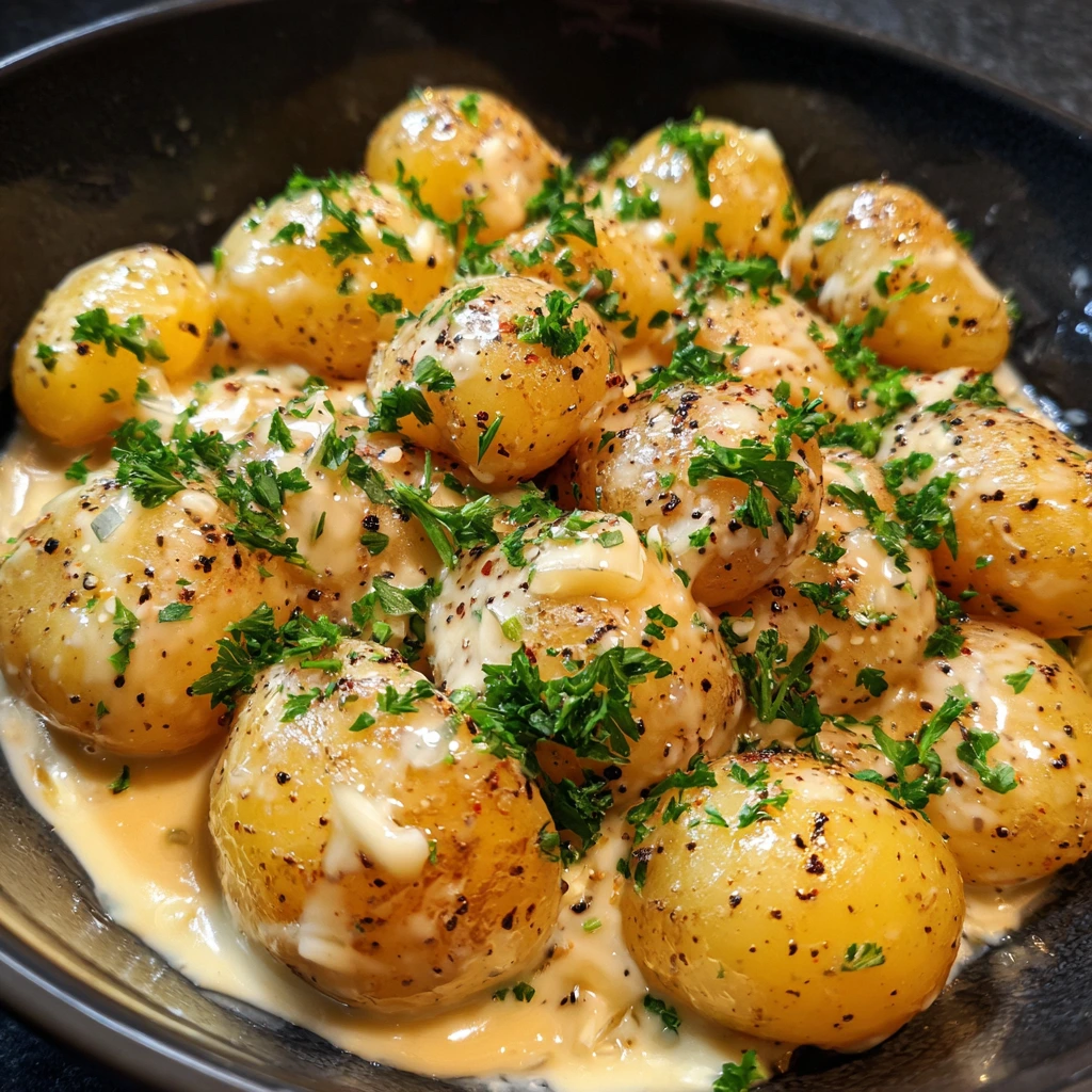 Irresistibly Creamy Garlic Sauce Baby Potatoes with Herbs and Cheese