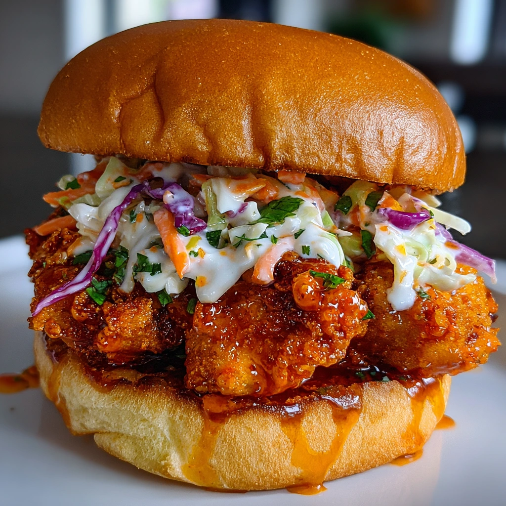 Crispy Buffalo Chicken Sandwich with Zesty Ranch Slaw and Tangy Pickles