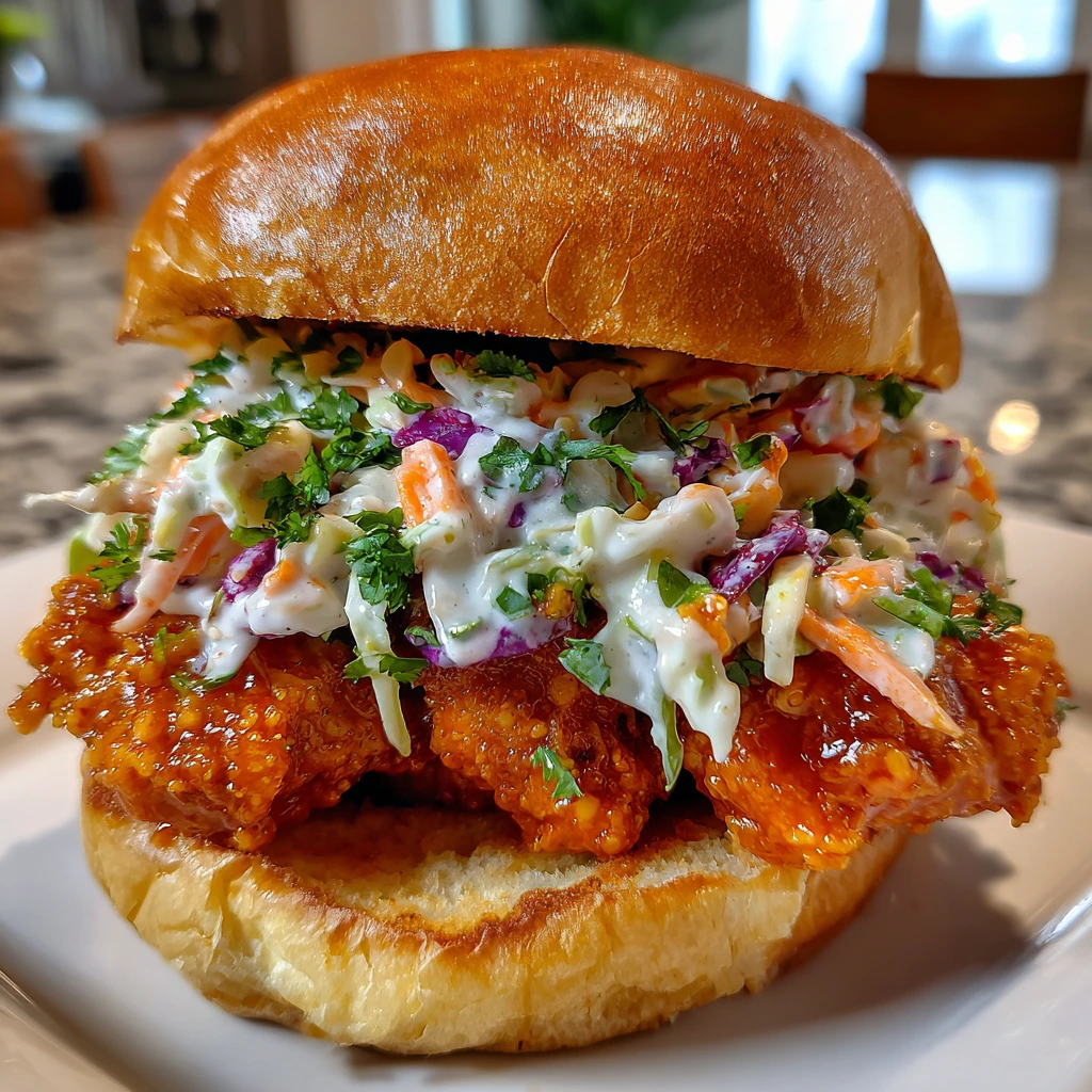 Crispy Buffalo Chicken Sandwich with Zesty Ranch Slaw and Tangy Pickles
