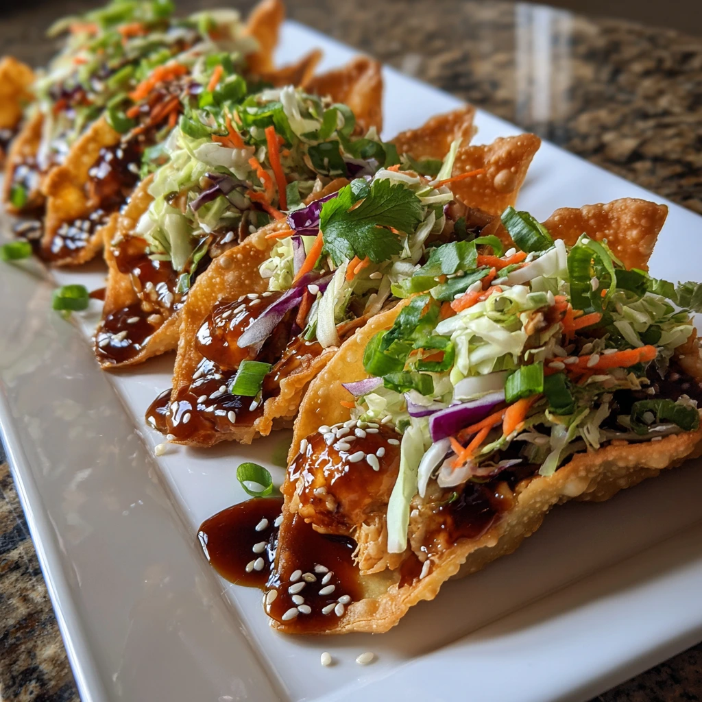 Crispy Chicken Wonton Tacos with Sweet Chili Sauce and Fresh Veggies