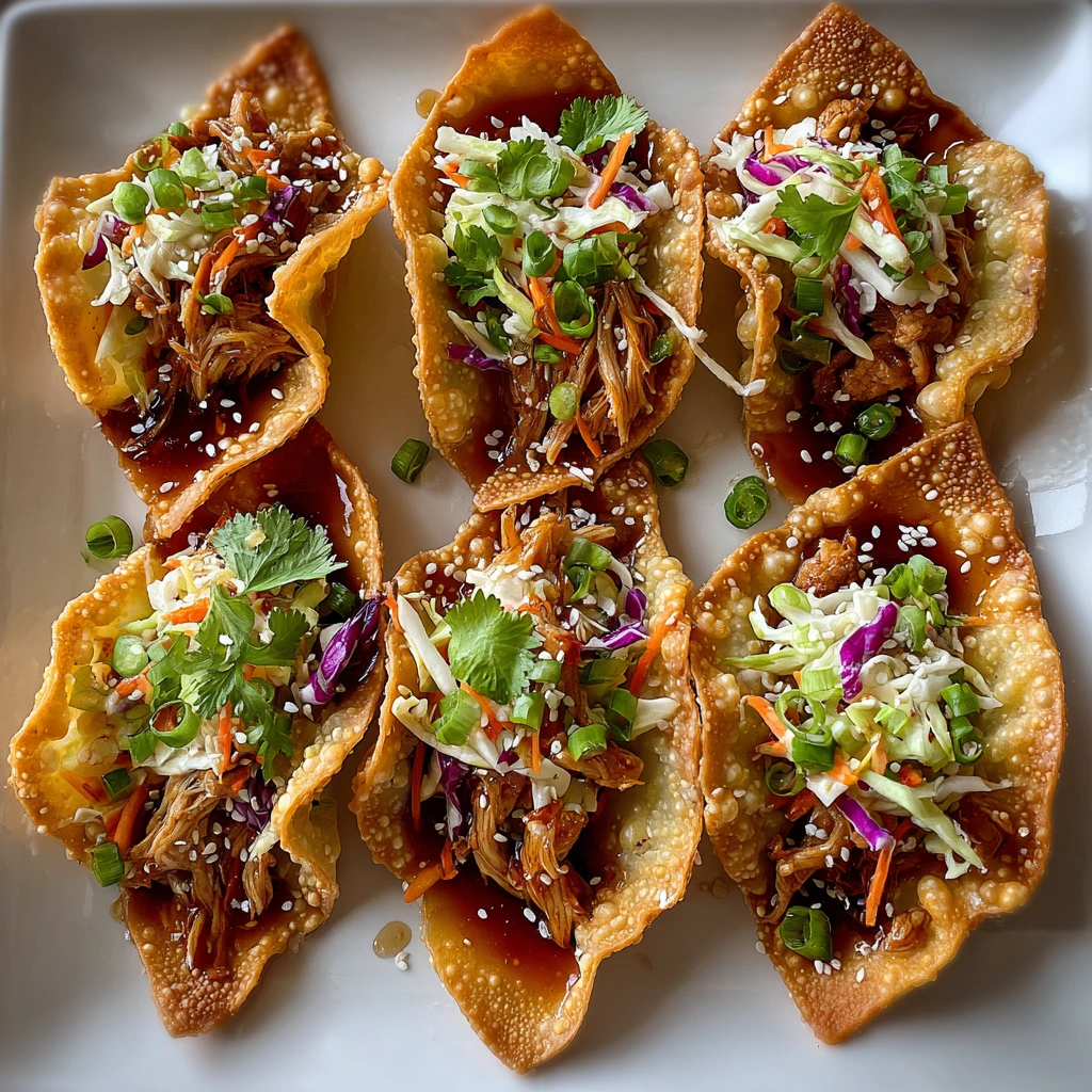 Crispy Chicken Wonton Tacos with Sweet Chili Sauce and Fresh Veggies