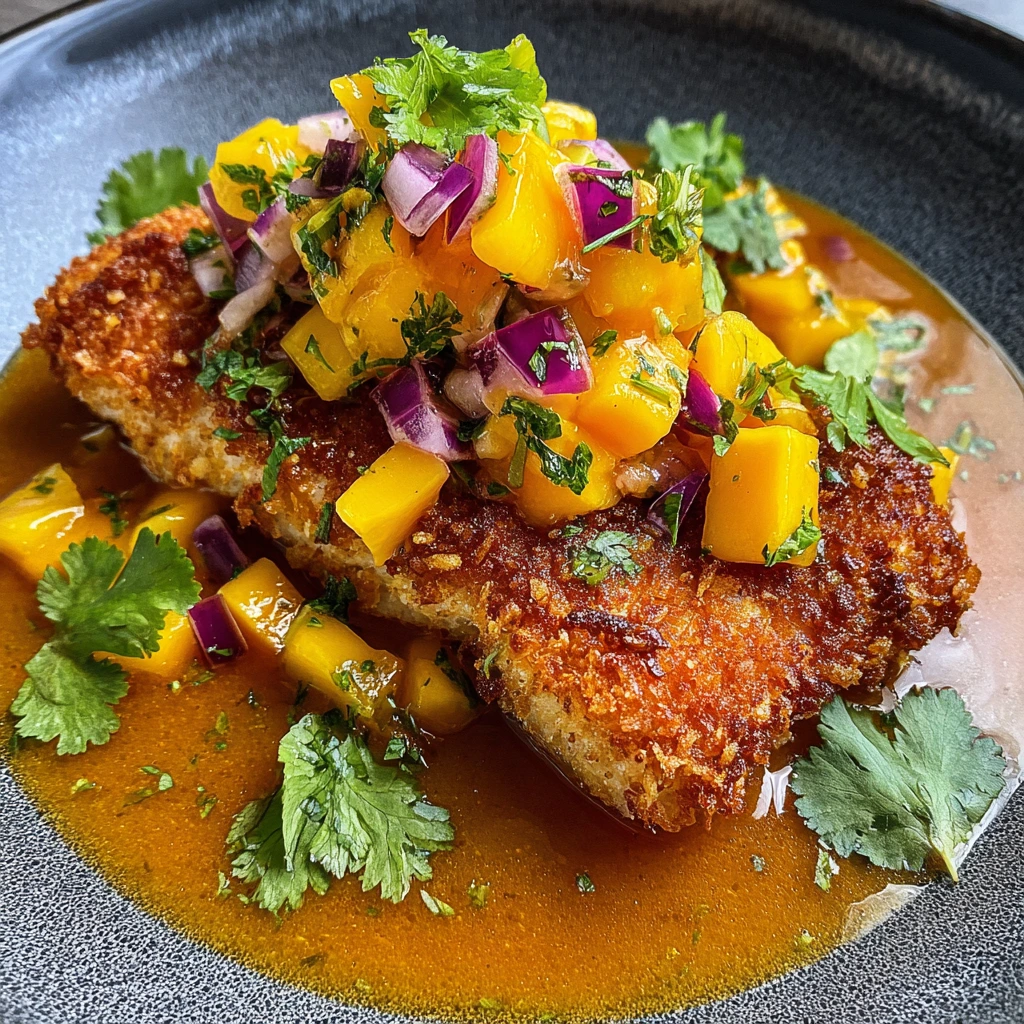 Deliciously Crispy Coconut-Curry Fish Topped with Fresh Mango Salsa