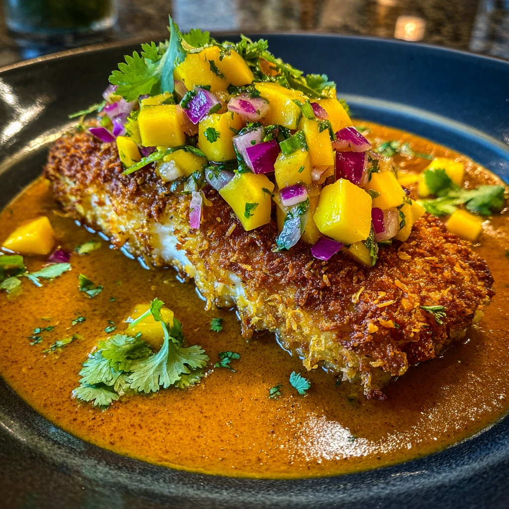 Deliciously Crispy Coconut-Curry Fish Topped with Fresh Mango Salsa