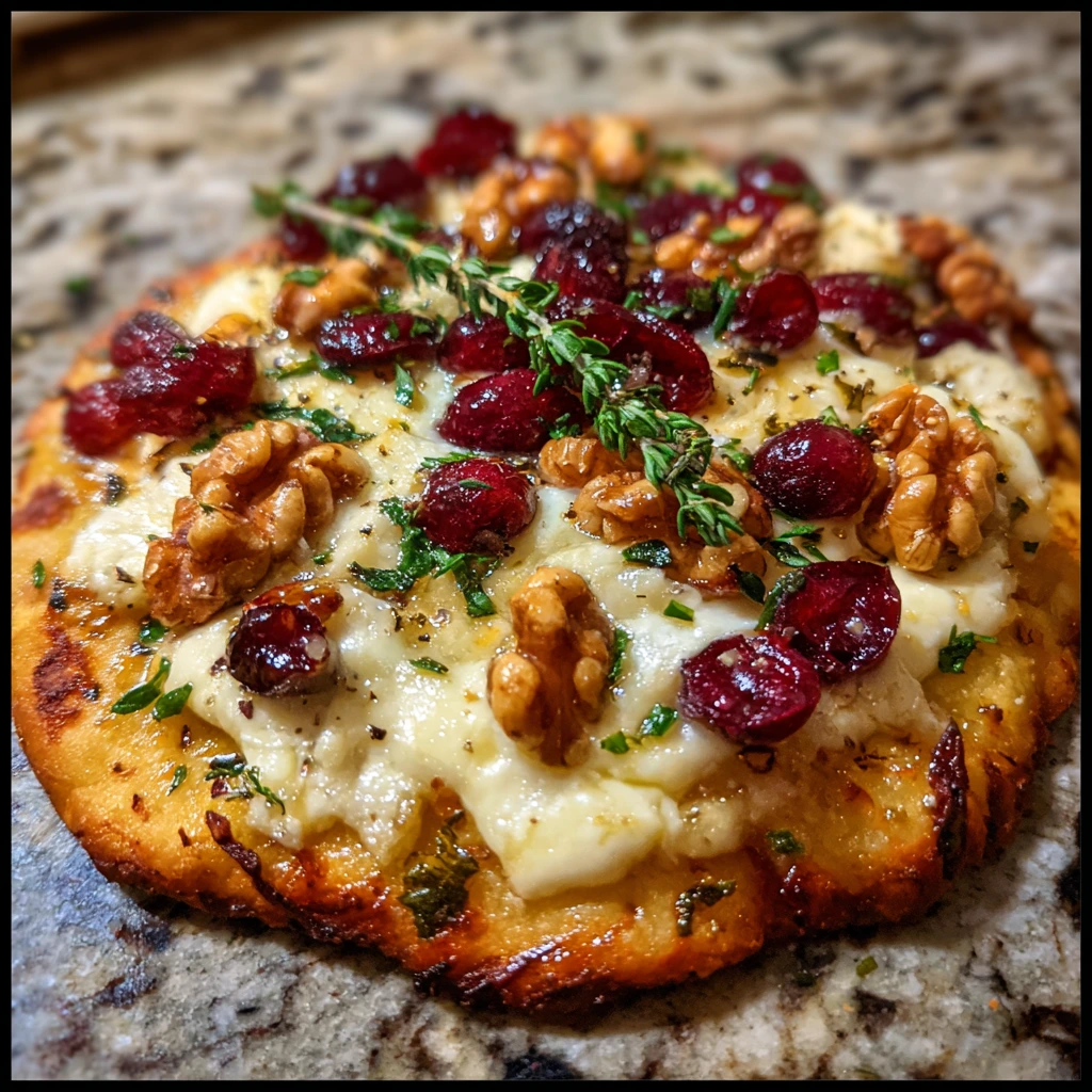 Deliciously Crispy Flatbread with Creamy Brie, Sweet Cranberries, and Toasted Walnuts