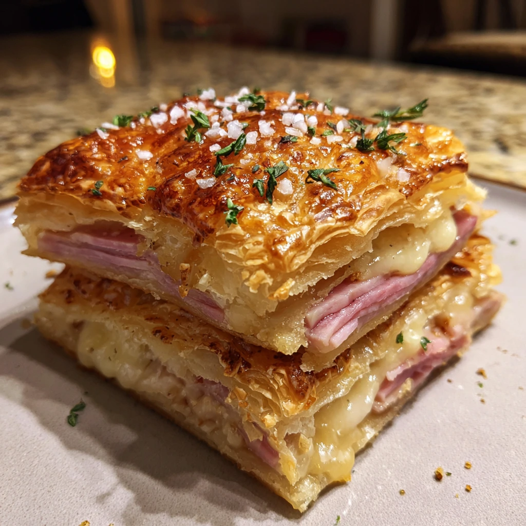 Deliciously Crispy Ham & Cheese Puff Pastry Stacks with Honey Mustard Glaze