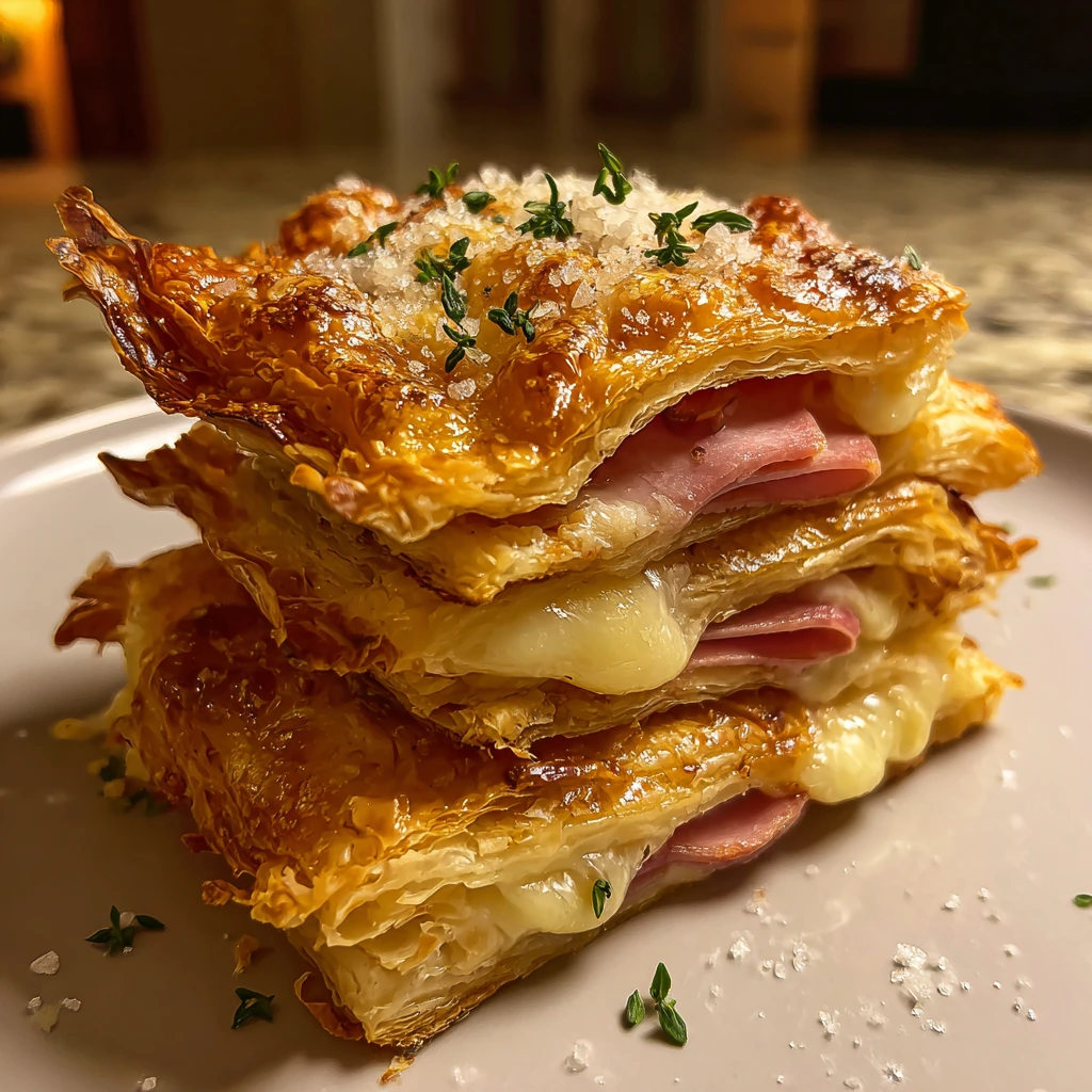 Deliciously Crispy Ham & Cheese Puff Pastry Stacks with Honey Mustard Glaze
