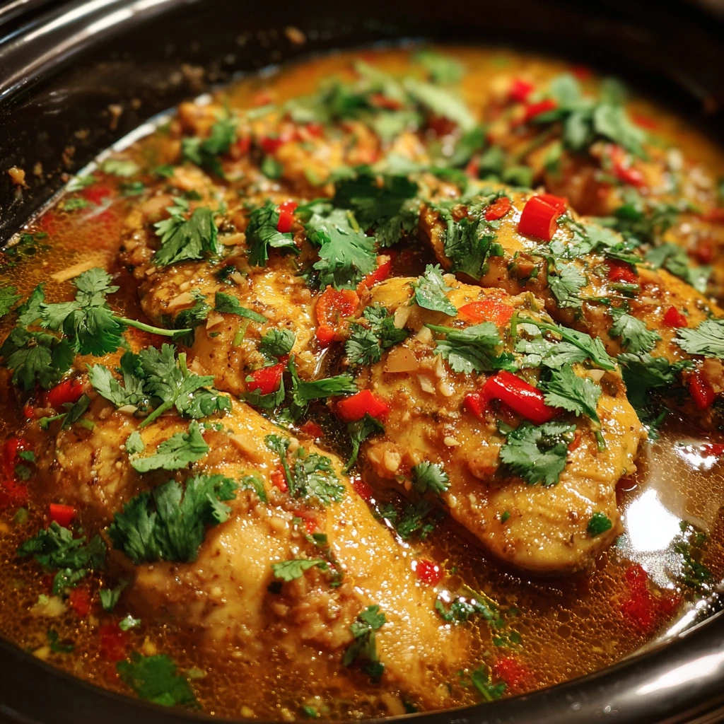 Heavenly Crockpot Thai Peanut Chicken with Savory Coconut and Fresh Herbs