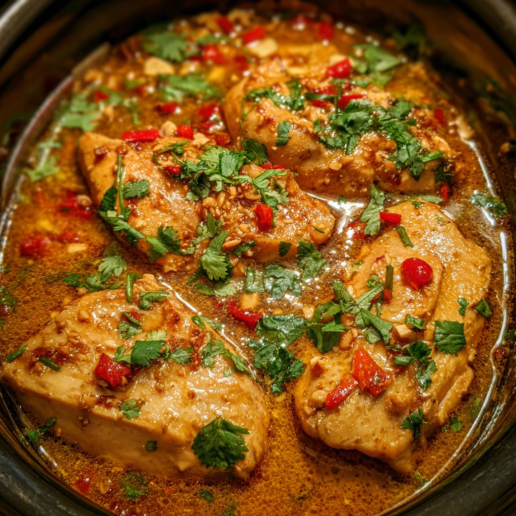 Heavenly Crockpot Thai Peanut Chicken with Savory Coconut and Fresh Herbs