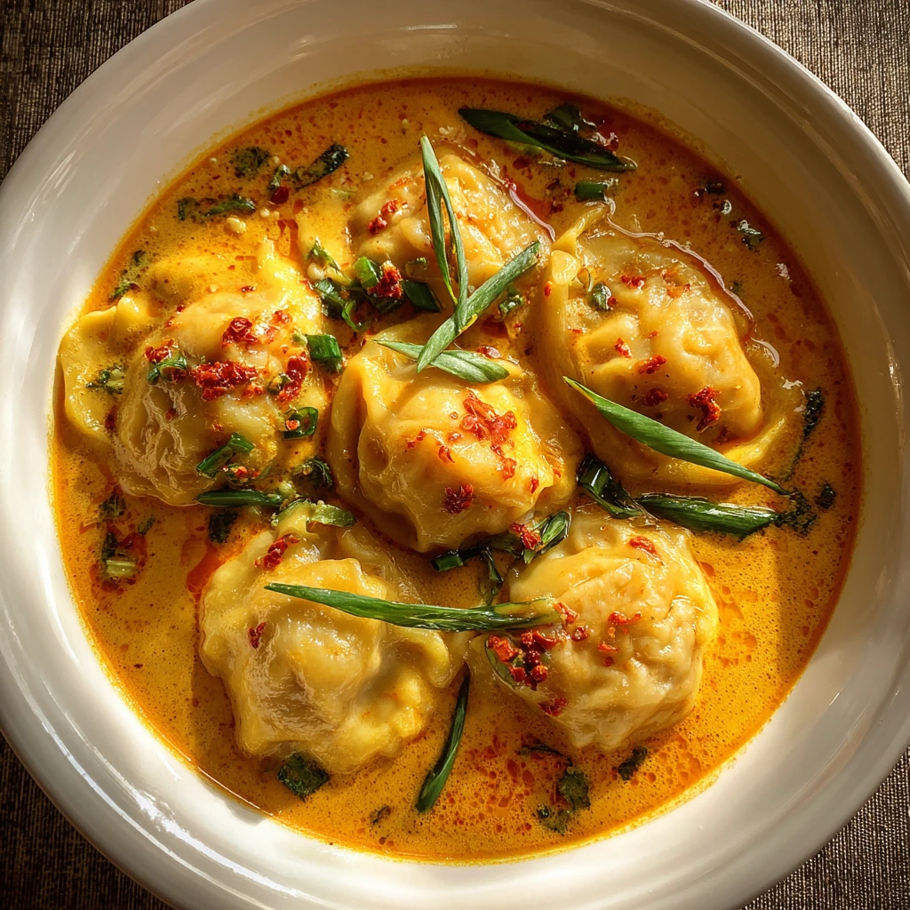 Savory Coconut Curry Soup with Fluffy Dumplings and Fresh Vegetables