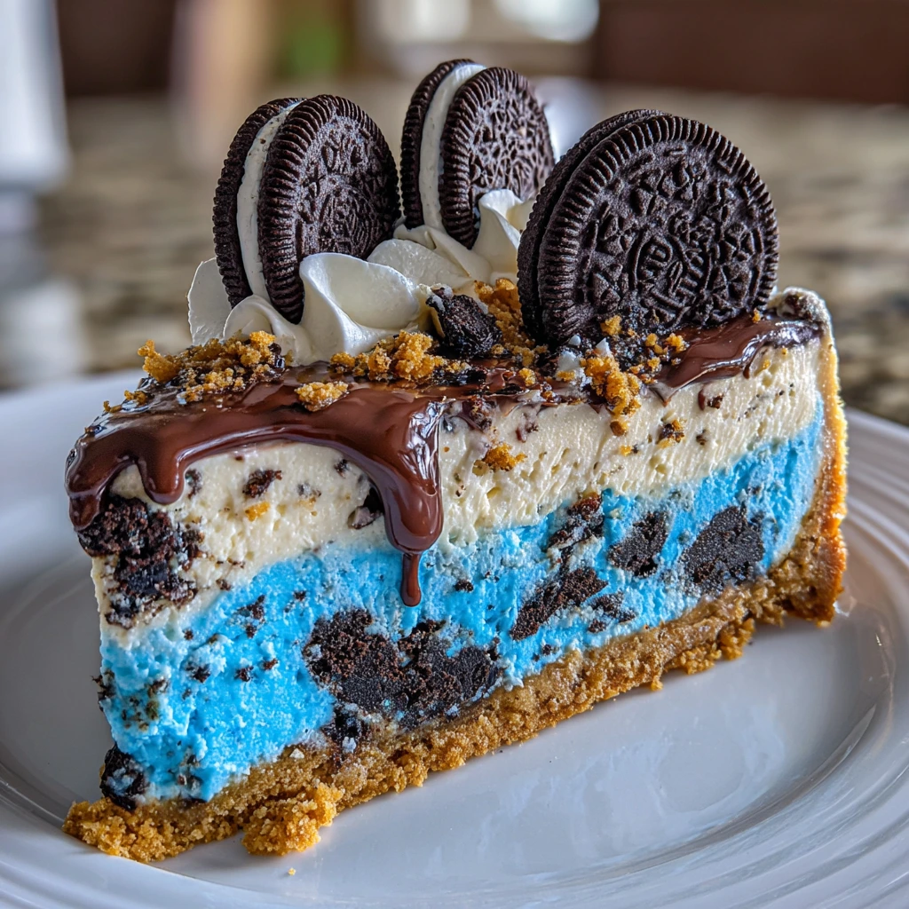 Irresistibly Creamy Cookie Monster Cheesecake with Oreos and Blue Frosting