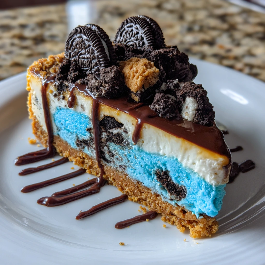 Irresistibly Creamy Cookie Monster Cheesecake with Oreos and Blue Frosting