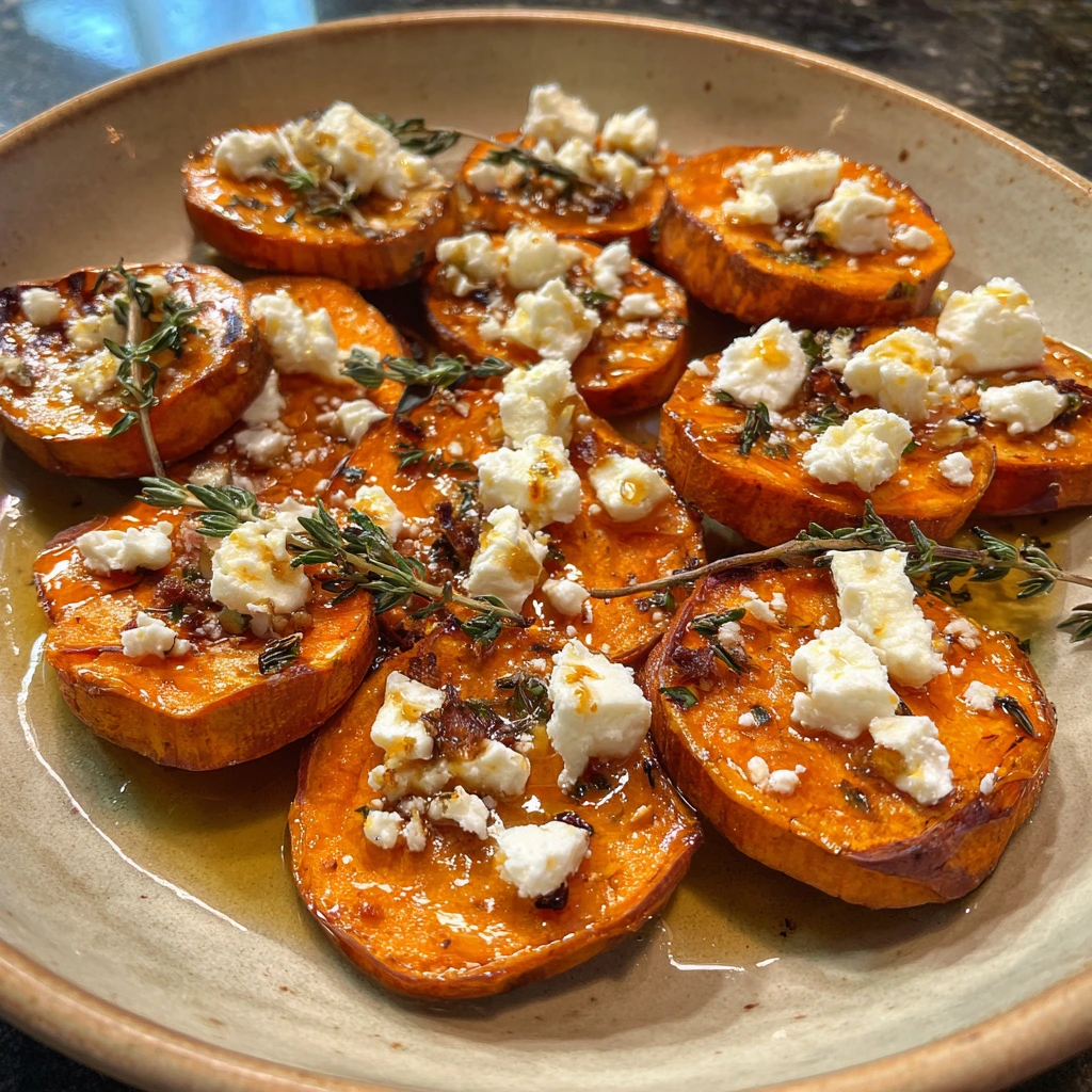 Savory Honey Feta Sweet Potato Rounds with Herb Infusion