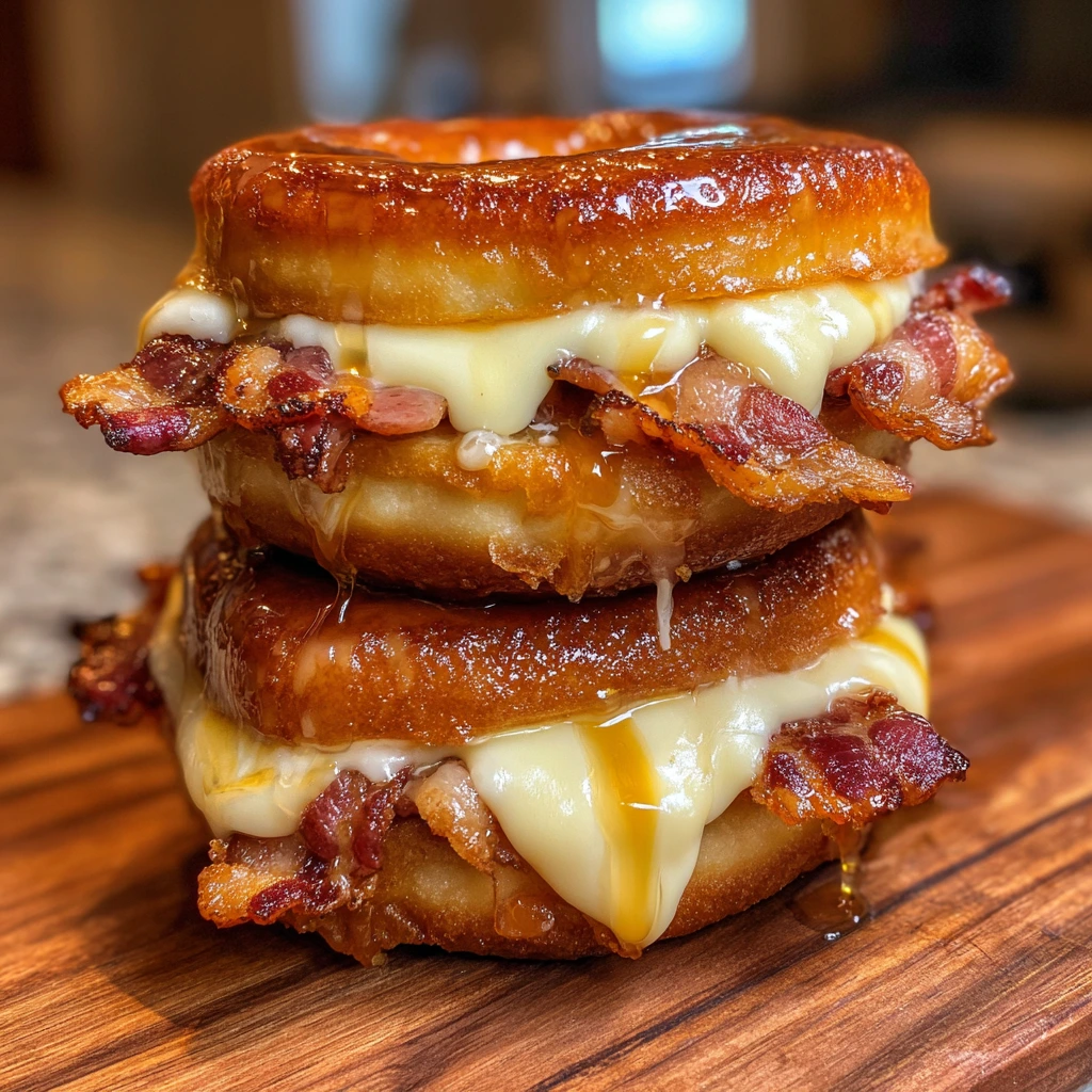 Decadent Donut Grilled Cheese with Savory Bacon and Sweet Maple Drizzle