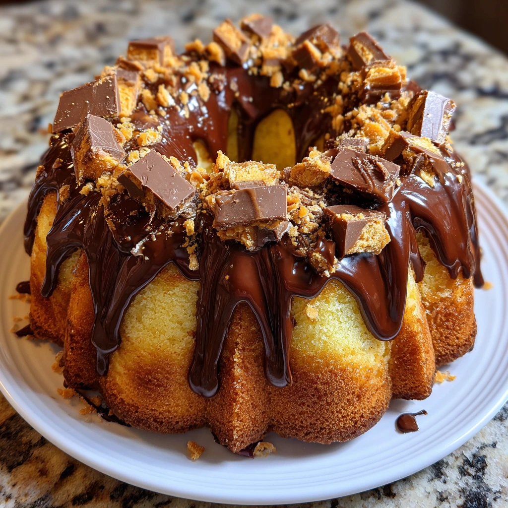 Decadent Easy Butterfinger Bundt Cake with Chocolate and Peanut Butter Swirls