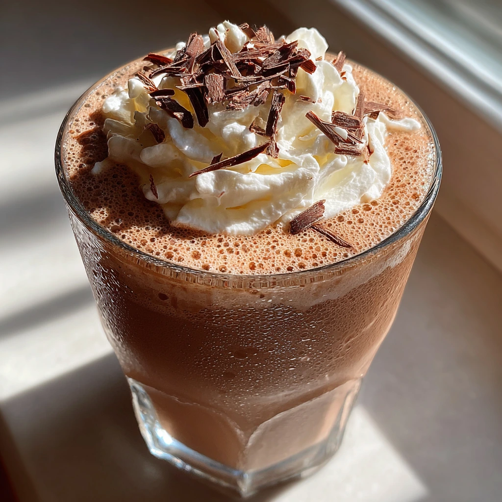 Decadent and Easy Frozen Hot Chocolate with Whipped Cream and Chocolate Shavings