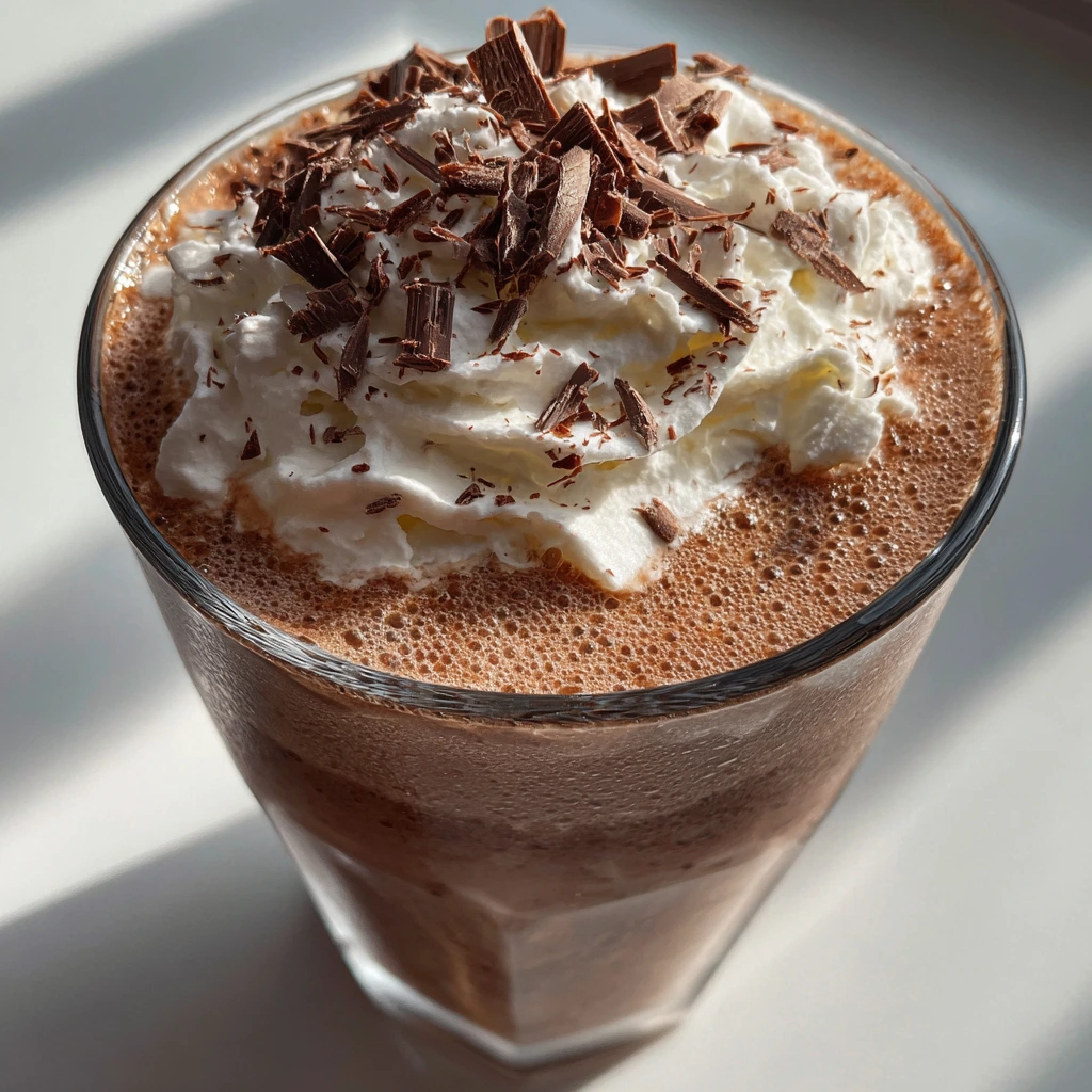 Decadent and Easy Frozen Hot Chocolate with Whipped Cream and Chocolate Shavings