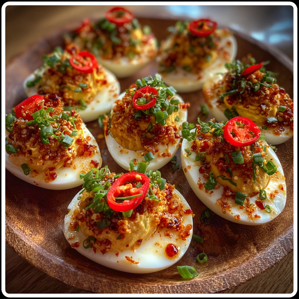 Easy Spicy Chili Garlic Deviled Eggs with Creamy Zing